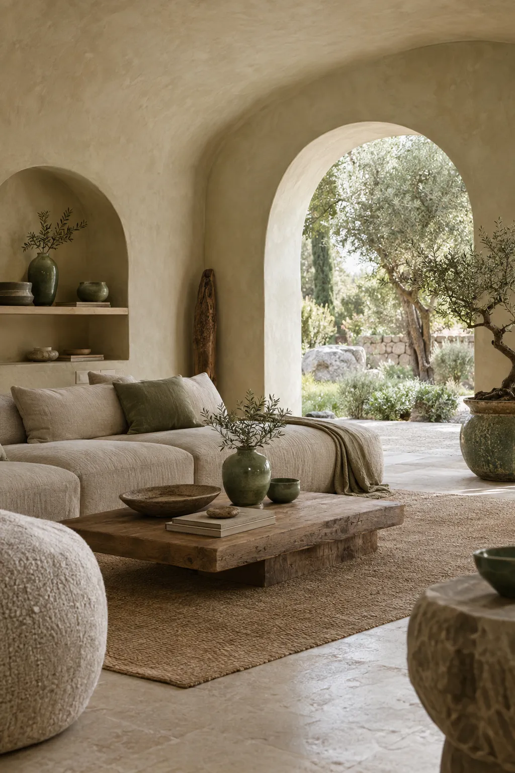 Salon aux murs en chaux, arches ouvertes sur un jardin d’oliviers