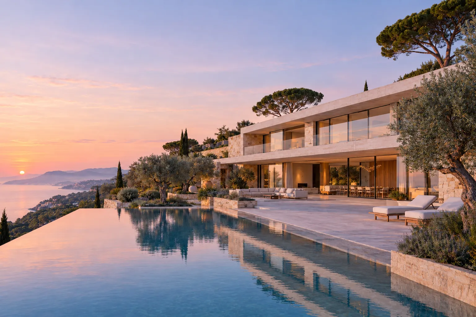 Villa contemporaine en pierre blonde face à la Méditerranée, à l’aube sous un ciel rose et lavande