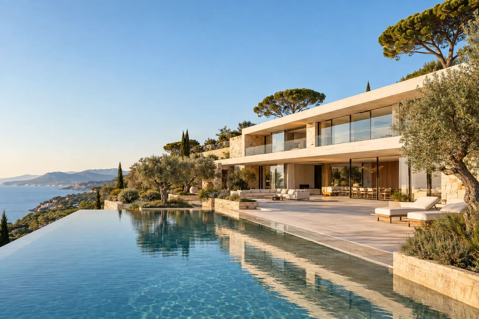 La même villa en plein jour, bassin à débordement et mer turquoise