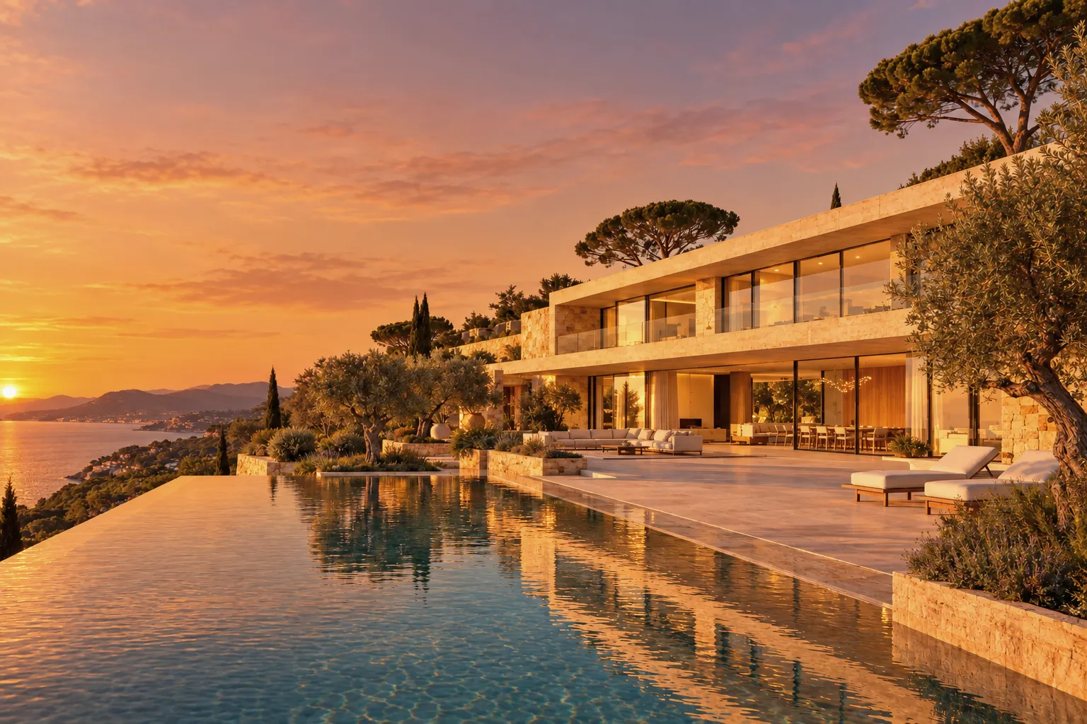La même villa en début de soirée, façade dorée par le soleil couchant