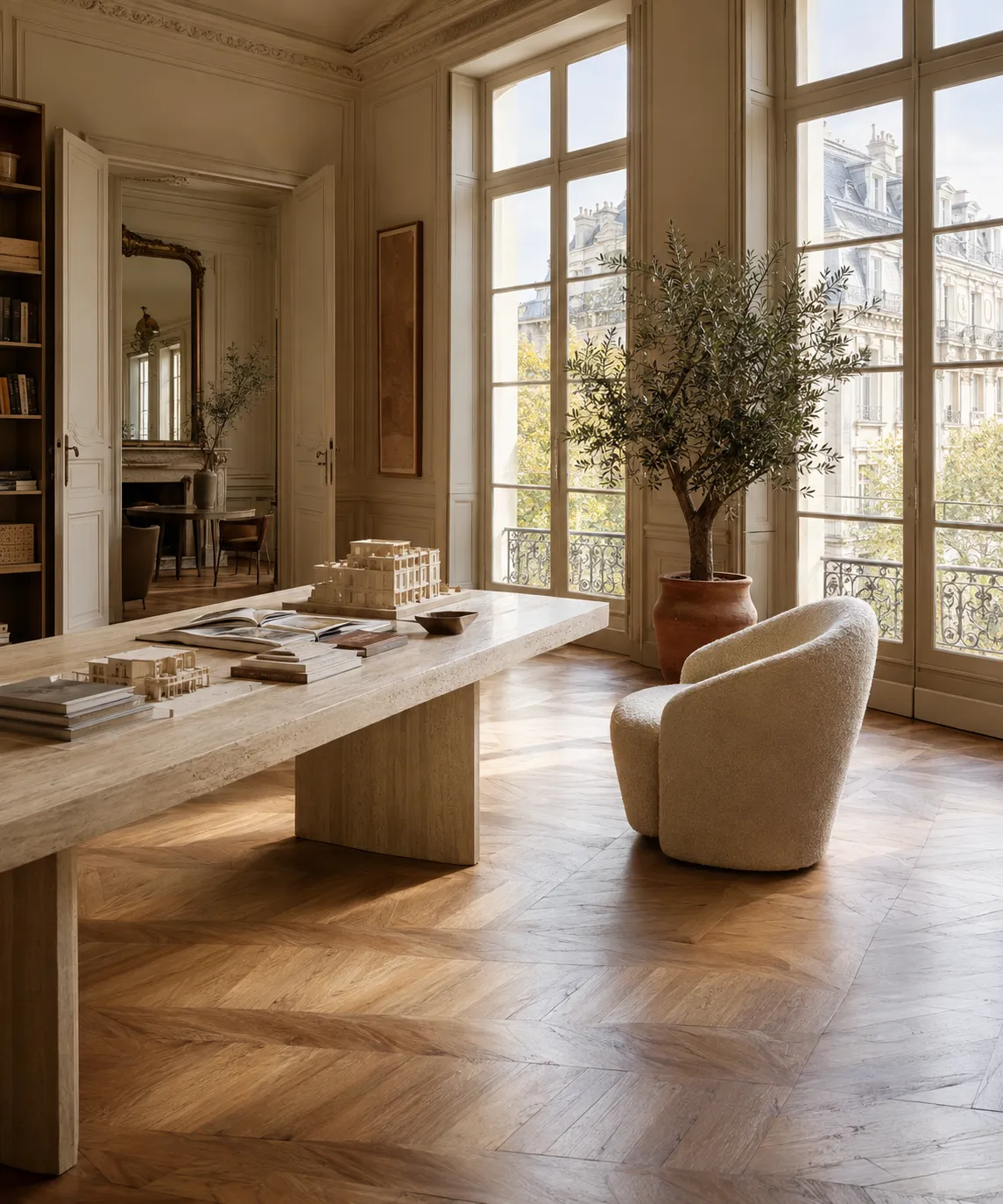 Salon du siège de Triade Concept Immo à Aix-en-Provence : hautes fenêtres, parquet point de Hongrie, table en travertin et maquettes d’architecture