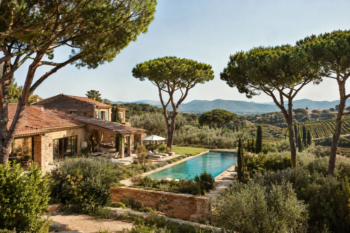 Villa contemporaine à Saint-Tropez, vue depuis la terrasse