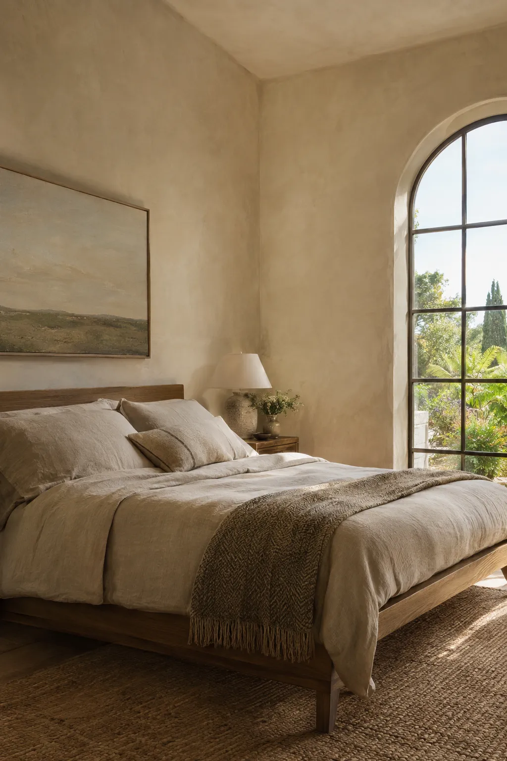 Chambre apaisante aux murs de chaux et fenêtre en arche